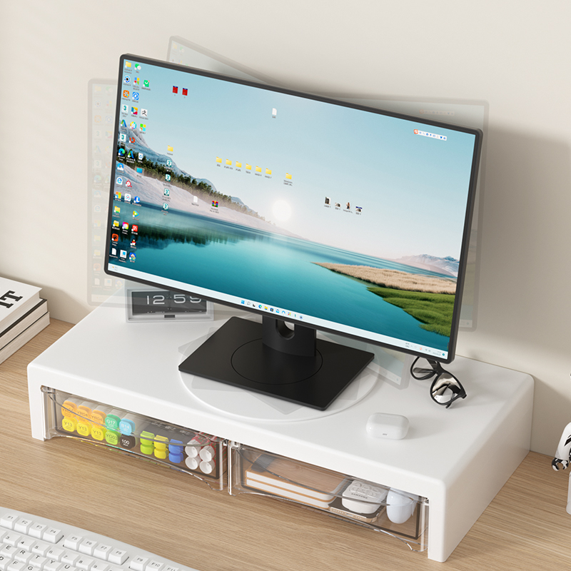 Desk Setup Riser - ขาตั้งจอภาพ 2 ชั้น, ขาตั้งจอภาพพลาสติกพร้อมลิ้นชัก, ชั้นวางของบนโต๊ะทำงาน, เหมาะสำหรับใช้ในบ้านและสำนักงาน