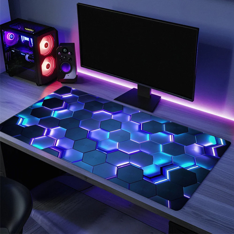 Desk Setup Red - แผ่นรองเมาส์เกมมิ่งขนาดใหญ่ ดีไซน์ไล่เฉดสีแดงน้ำเงิน ขอบเย็บยางกันลื่น แผ่นรองโต๊ะเกมมิ่งสำหรับคีย์บอร์ด เหมาะสำหรับเกมเมอร์และงานออฟฟิศ