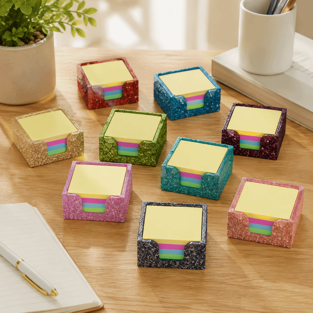 Sticky Memo Holder - กลิตเตอร์อะคริลิคที่ใส่กระดาษโน้ตแบบเหนียว ประหยัดพื้นที่ 3.9x3.9 นิ้ว ที่ใส่แผ่นบันทึก ป้องกันการลื่นไถล
