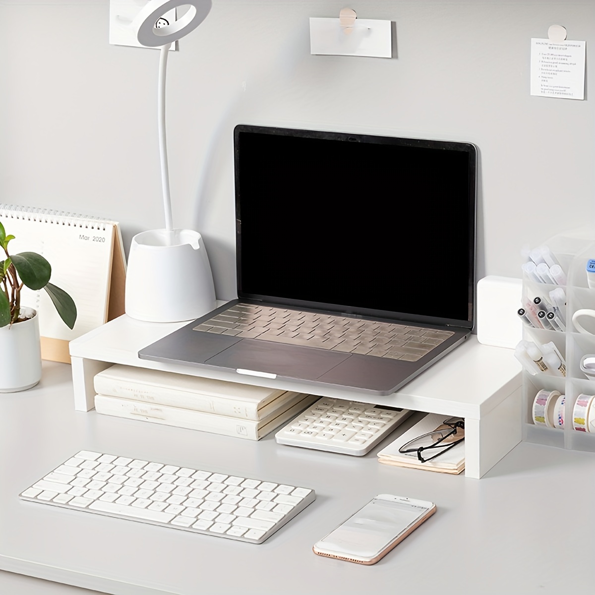 Desk Setup Riser - แท่นวางจอคอมพิวเตอร์ MDF สีขาวสไตล์มินิมอล ชั้นวางของบนโต๊ะสำหรับคอมพิวเตอร์ อุปกรณ์สำนักงาน