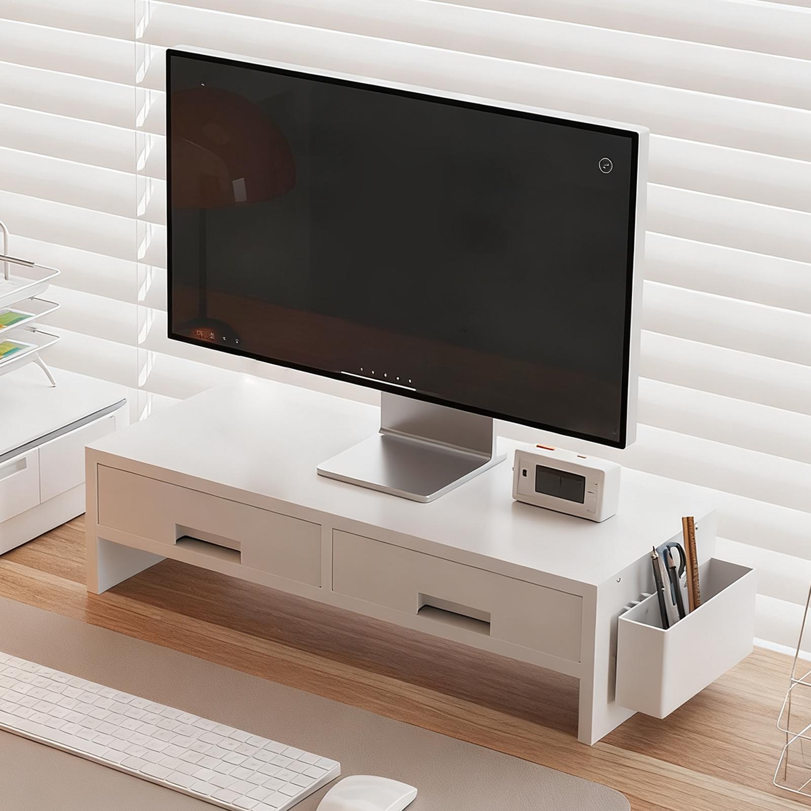 Desk Setup Riser - ขาตั้งจอคอมพิวเตอร์แบบมีลิ้นชักคู่ ช่วยจัดระเบียบ ออกแบบตามหลักสรีรศาสตร์ สำหรับใช้ในบ้าน สำนักงาน หรือที่พักอาศัย