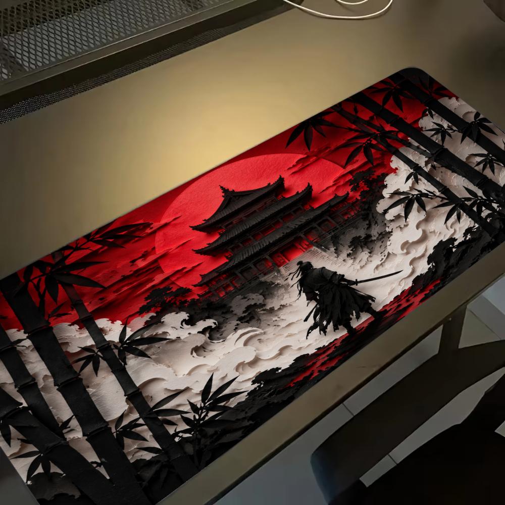 Desk Setup Red - ซามูไร เรดมูนแผ่นรองเมาส์ อุปกรณ์เสริมสำหรับพีซี แผ่นรองโต๊ะ แผ่นรองเมาส์สำหรับตกแต่งภายใน แผ่นรองเมาส์สำหรับเล่นเกม
